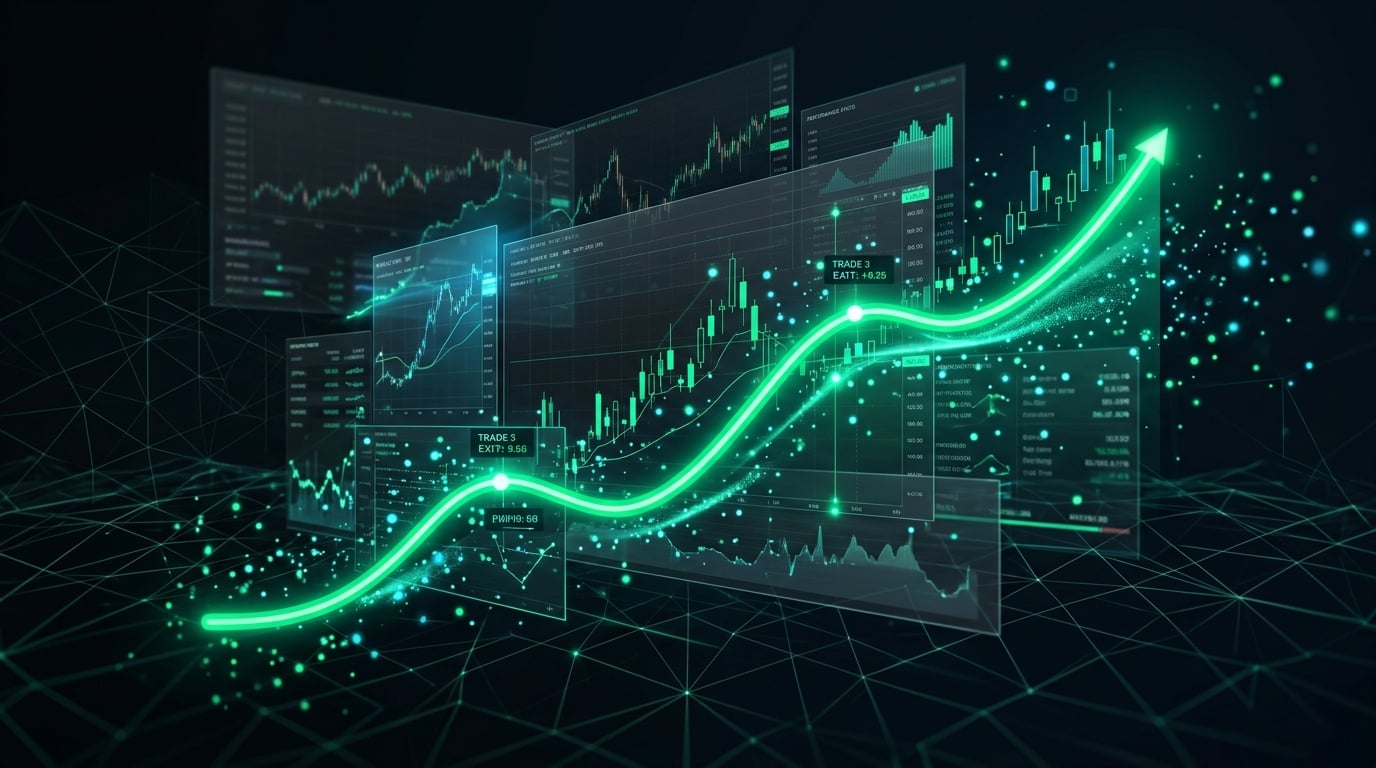 Rising equity curve from a strategy backtest with layered analytics panels